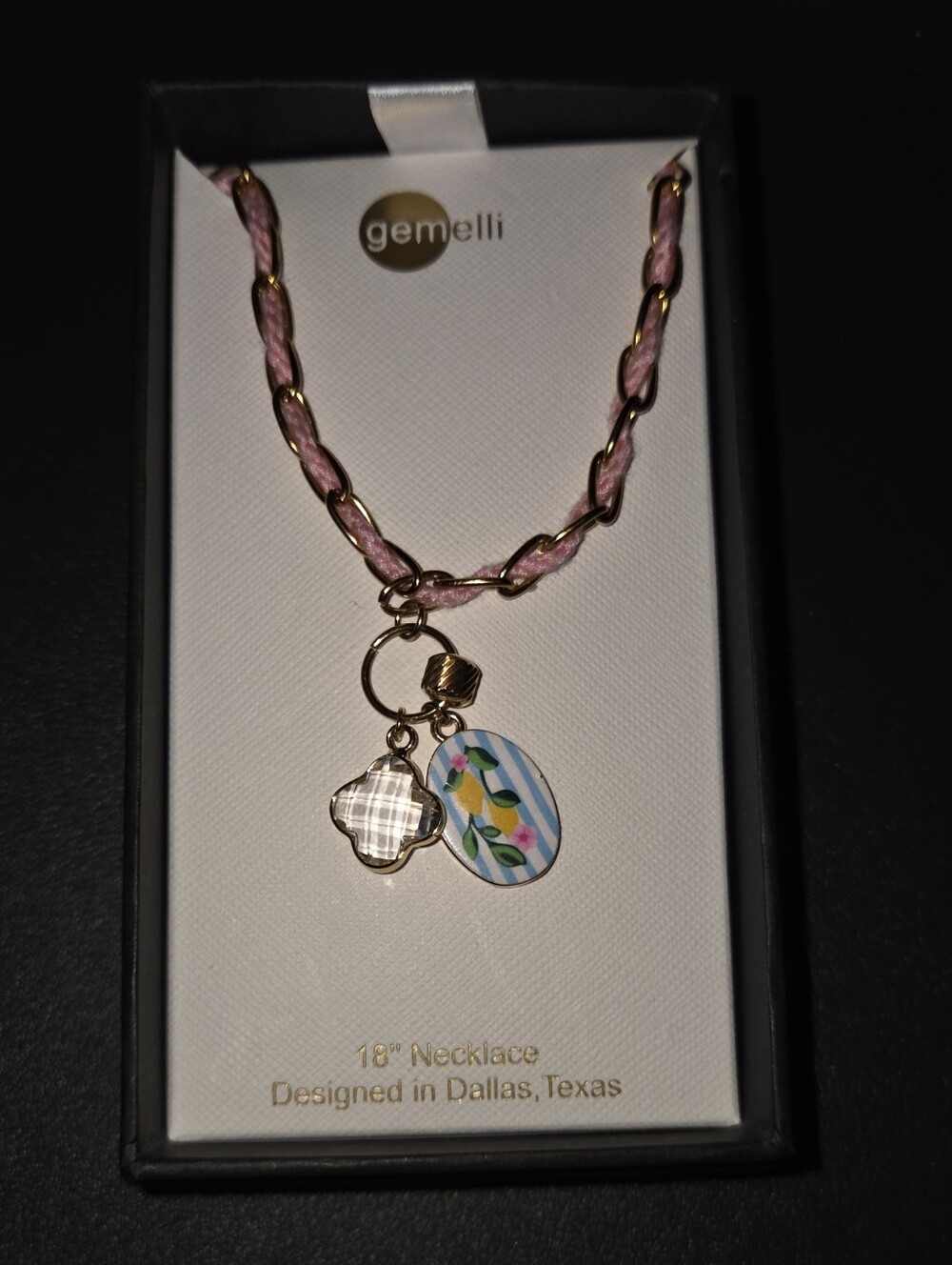 Gemelli Pink Braided Chain Charm Necklace with Lemon & Floral Pendant